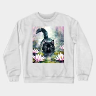 Black cat, blue water: Cat Monet Crewneck Sweatshirt